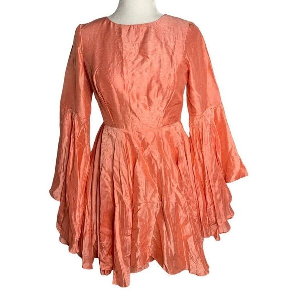 Vintage Handmade Shantung Mini Dress S Pink Bell Sleeve Fairy Princess Barbie - Picture 1 of 7